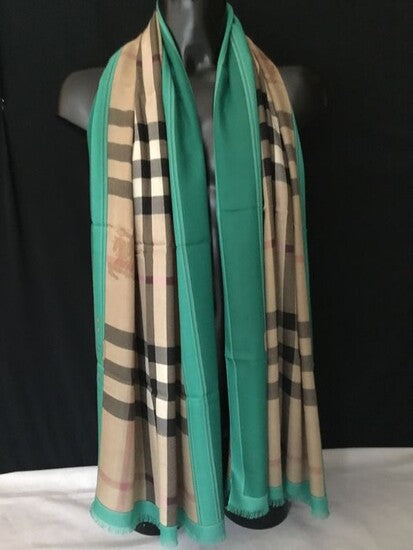 BURBERRY Silk Nova Check Scarf Green Border and Check Silk Scarf