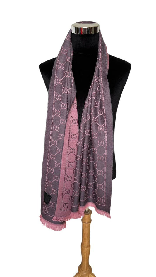 Gucci Scarf  Pink Wool Shawl Monogram Silk Logo Large Web Wool/Silk GG Jacquard Wrap Used Guccissima 100% Authentic